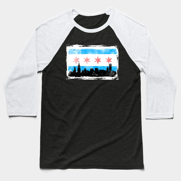 CHICAGO FLAG W/ WHITE BG - DISTRESSED Baseball T-Shirt by SykoticApparel